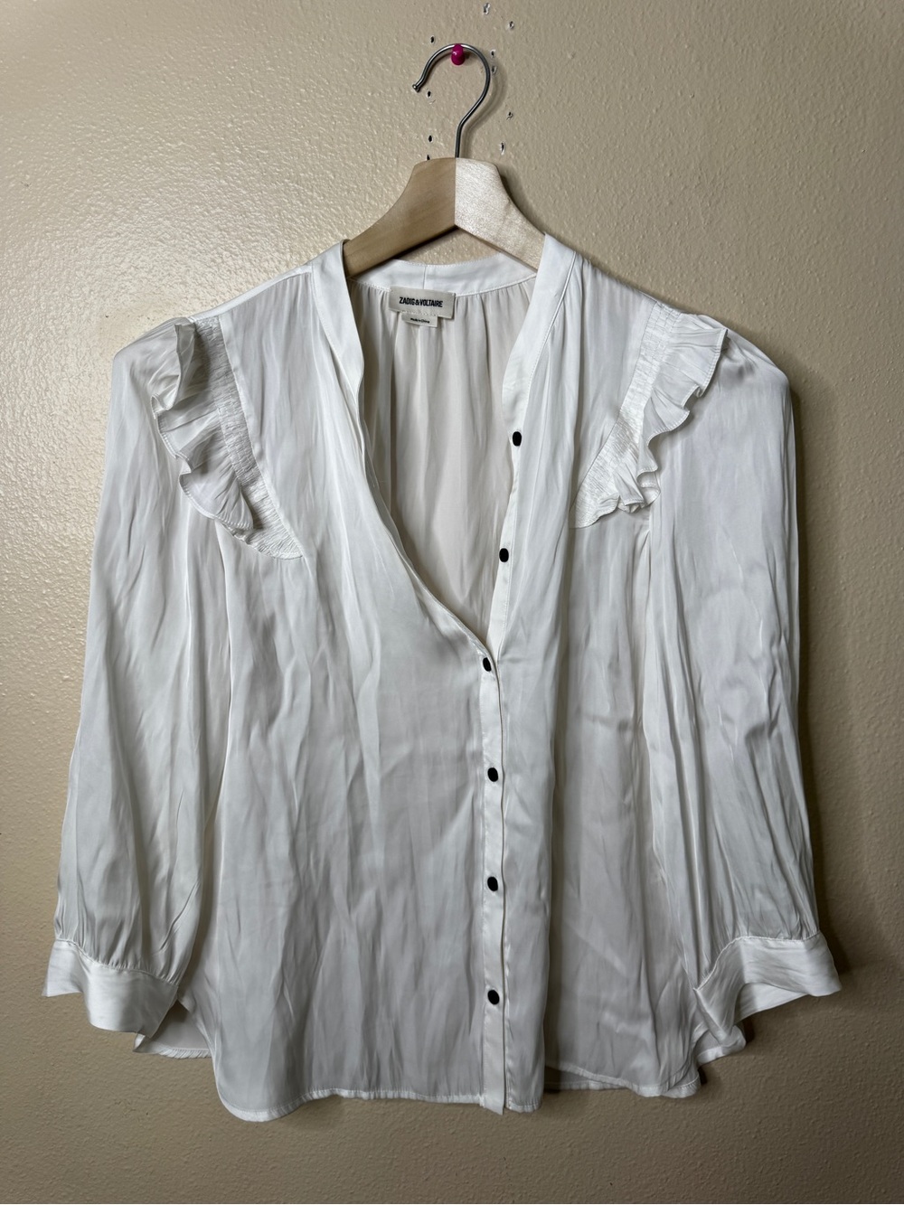 Zadig & Voltaire Womens M White Satin Blouse Ruffle 3/4 Sleeve Button Up